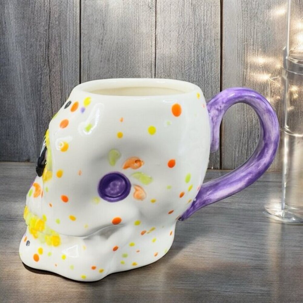 Hand Painted Skull Shaped Large Ceramic Mug Cup‎ Artist Signed Day Of The Dead